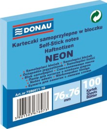 Samolep�c� blo�ek DONAU, 76 x 76 mm, neonov� modr�, 100 l�stk�